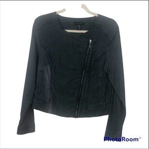 H by HALSTON Grey Jean Motto Asymmetrical Zip Jacket size 8